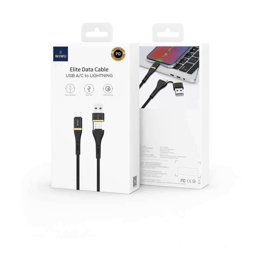 Wiwu ED-105 2 in 1 USB A- Type-C to Lightning Elite Data Kablo Siyah