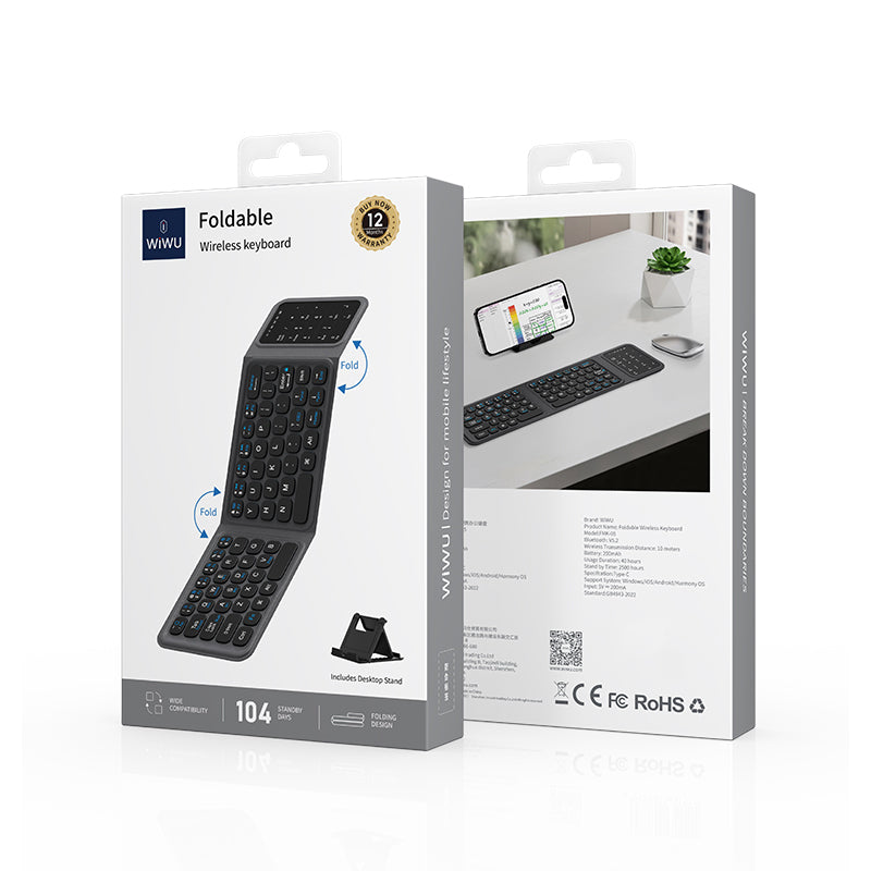 Wiwu FMK-05 iOS Android Windows Uyumlu Katlanabilir Bluetooth Kablosuz Klavye + Masaüstü Telefon Standı Gri