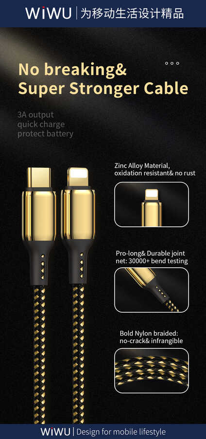 Wiwu Golden Series GD-103 Lightning To PD Data Kablo 1.2M Gold