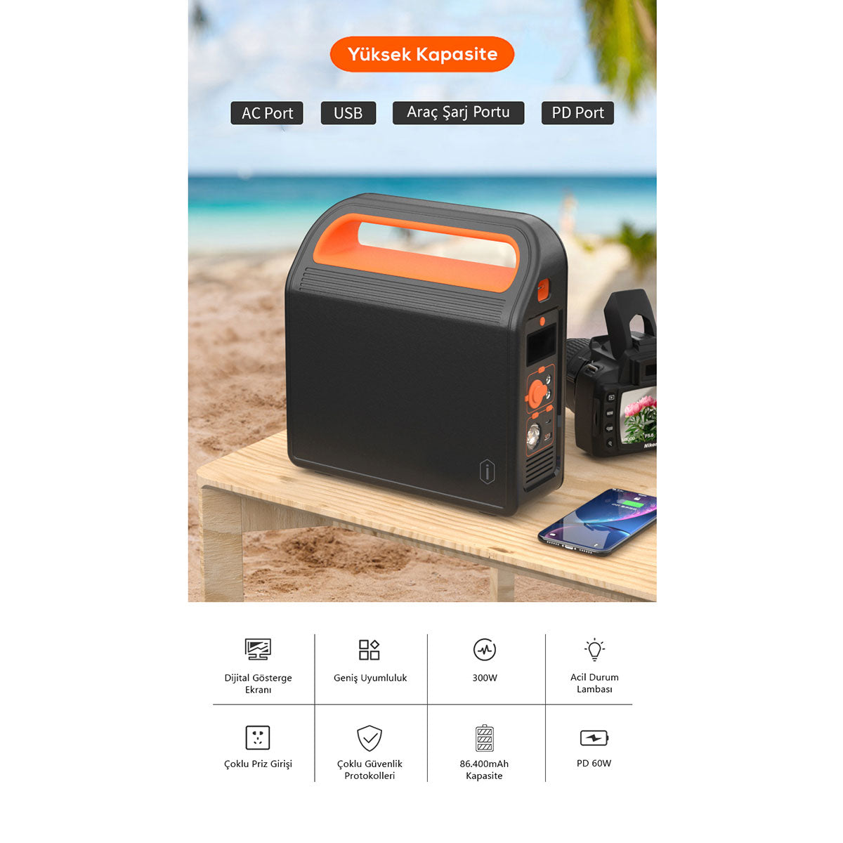 Wiwu JC-12 Dijital Ekran Lambalı Çoklu Priz ve Araç Şarj Portlu Taşınabilir Powerbank 300W 86400mAh Siyah