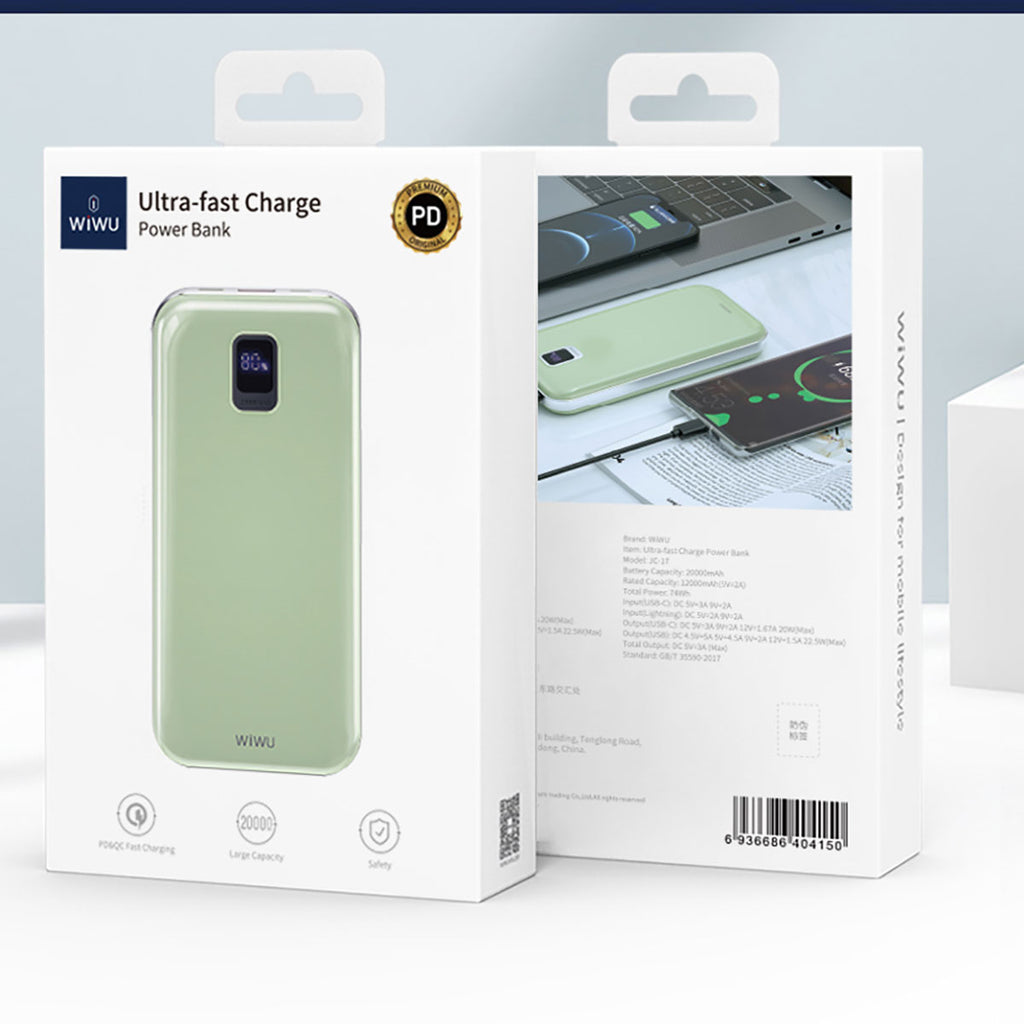 Wiwu JC-16 LED Ekranlı Li-Polimer Aşırı Akım Korumalı Taşınabilir Powerbank PD 20W 10000mAh Yeşil
