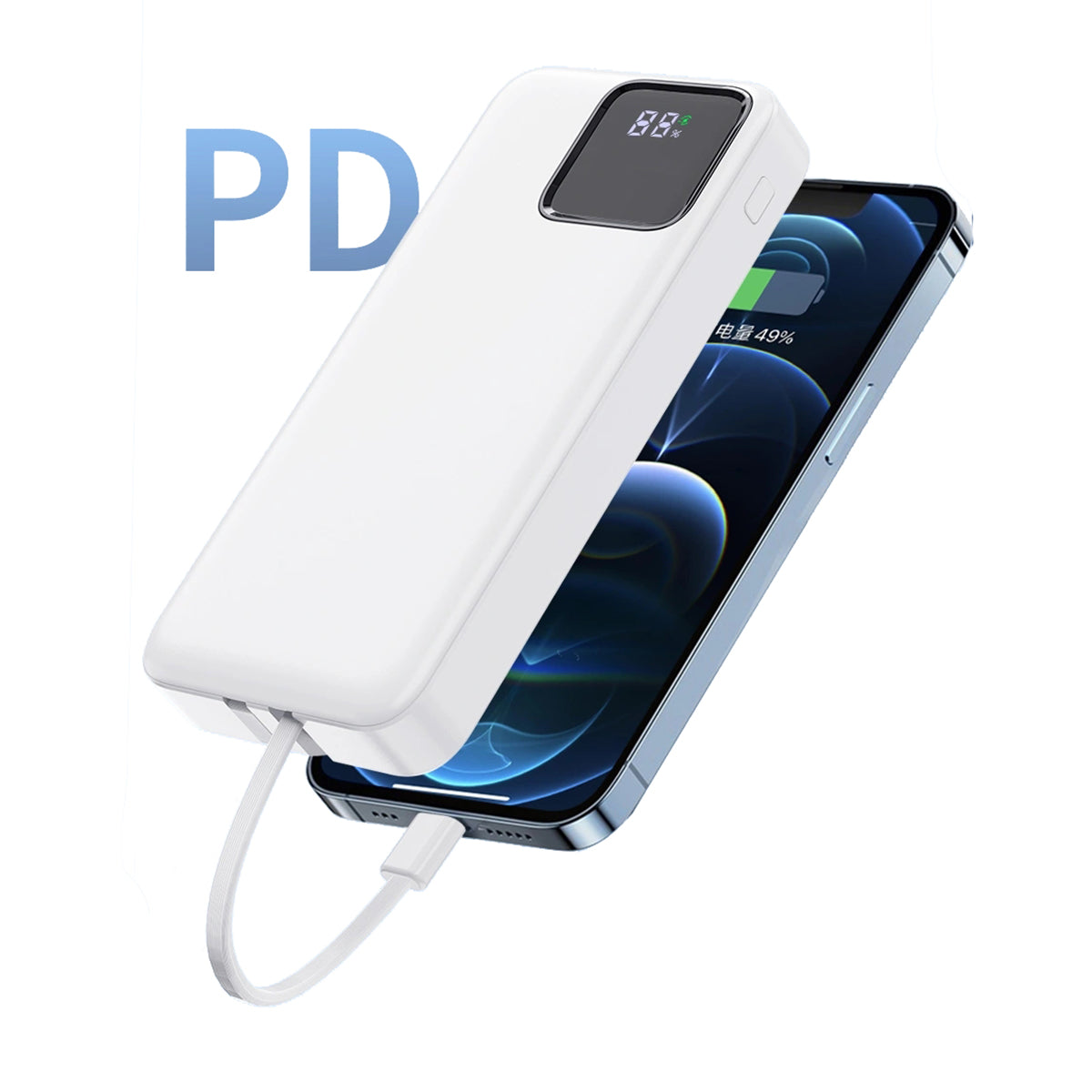 Wiwu JC-22 Dijital LED Ekran Şarj Göstergeli Type-C ve Lightning Kablolu Powerbank 22.5W 20000mAh Beyaz