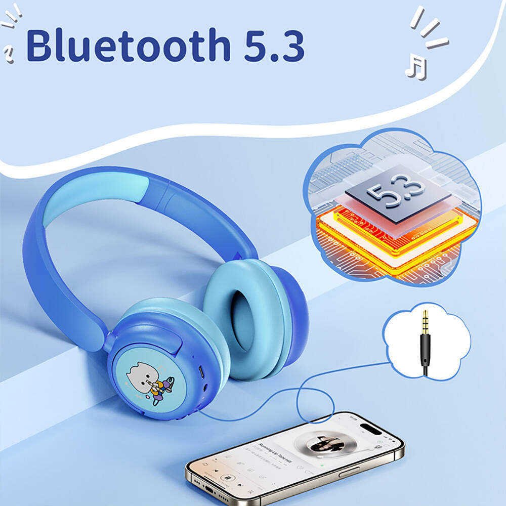 Wiwu KTD-02 Ayarlanabilir Kulak Üstü Kablolu ve Bluetooth 5.3 Çocuk Kulaklığı Mavi