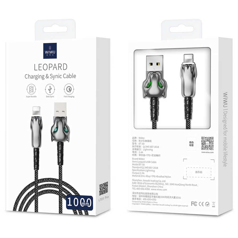 Wiwu Leopard Charging Synic Lightning Kablo Siyah