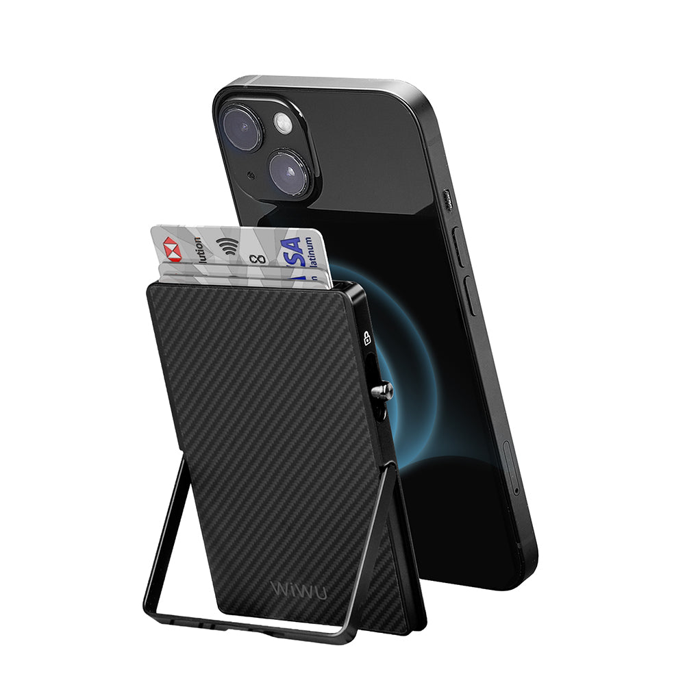 Wiwu MW-007 Warriors Pop-Up Buton Tasarımlı Magnetik Aramid Fiber Metal Standlı Kartlık Siyah