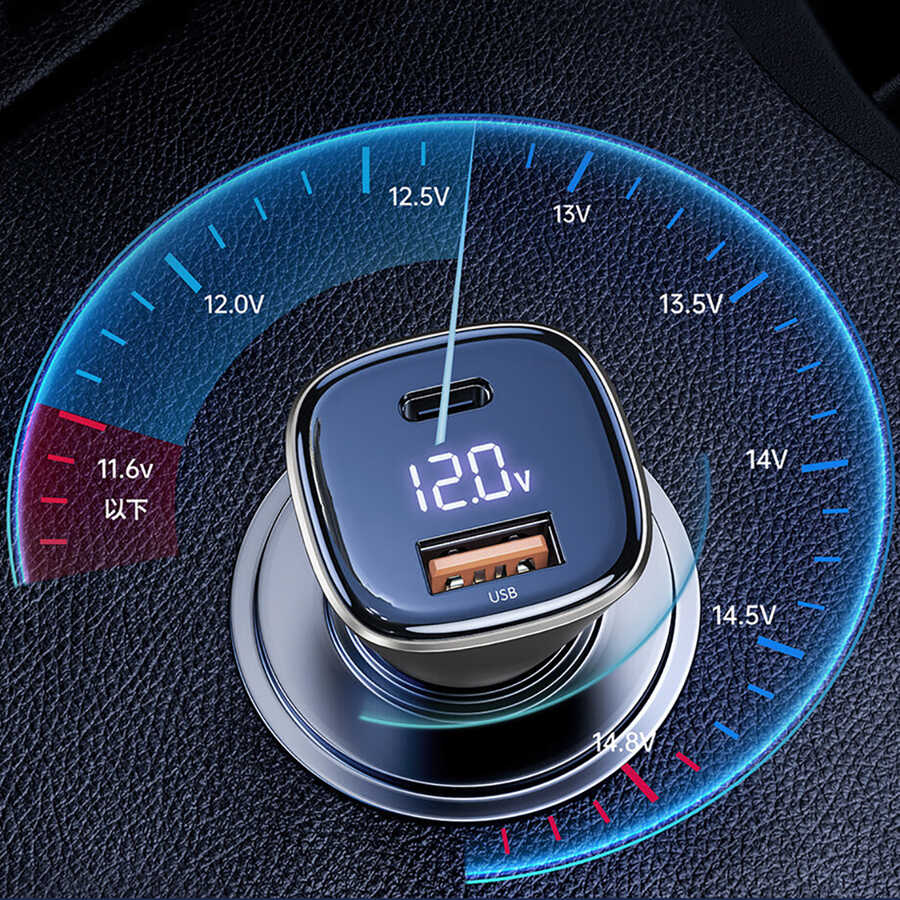 Wiwu PC500 72W PD QC3.0 Ultra Hızlı Şarj Destekli Dijital Göstergeli Araç Şarj Başlığı Siyah