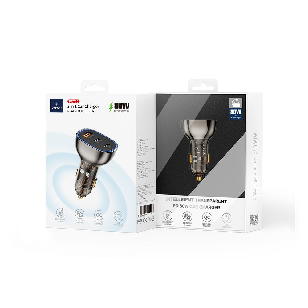 Wiwu PC700 Zhitou Serisi PD QC 3.0 Ultra Hızlı Şarj Şeffaf Görünümlü Araç Şarj Başlığı PD 30W Siyah