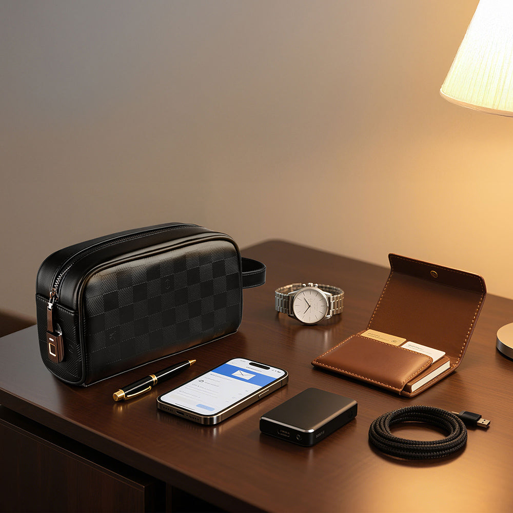 Wiwu Phantom Serisi Parmak İzi Kilitli Çok Fonksiyonlu Taşınabilir Mobil Aksesuar Çantası Siyah