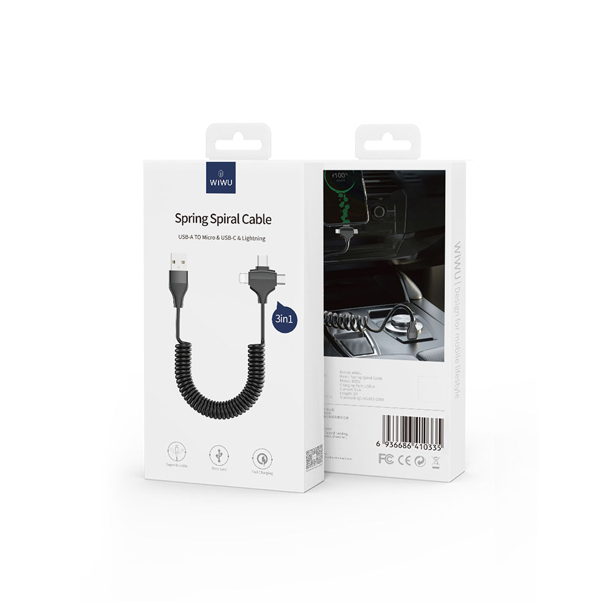 Wiwu Spiral Tasarımlı Micro Type-C ve Lightning 3in1 Spring Spiral Kablo 1m Siyah