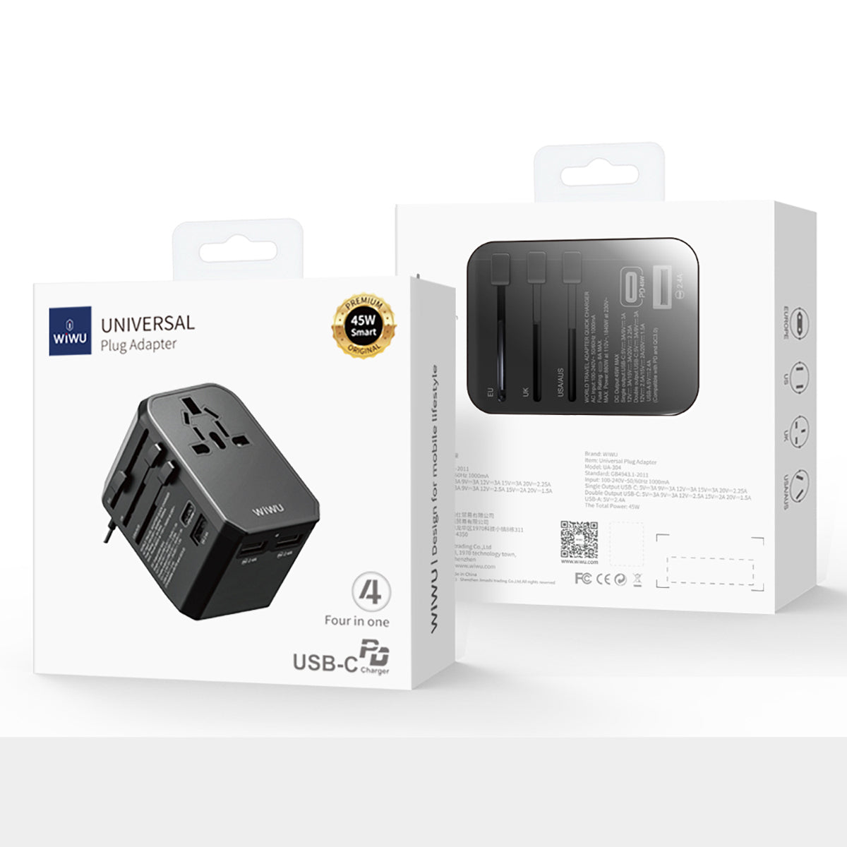 Wiwu UA-304 Çoklu Universal TR/US/UK/AUS/EU Uyumlu Şarj Adaptörü 45W Siyah