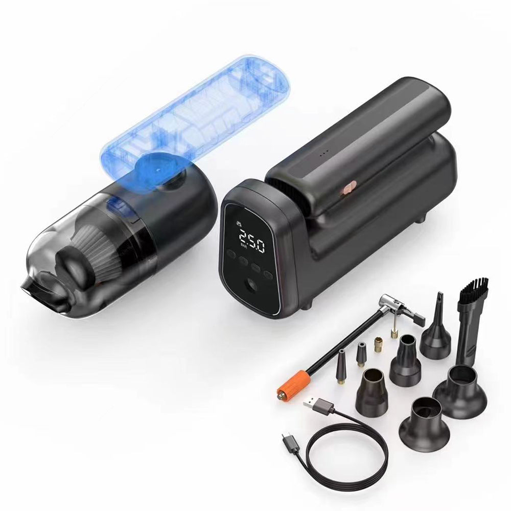 Wiwu Wi-Ai002 5in1 Oto Araç Lastik Şişirme Pompası - Oto Araç Süpürgesi - Vakum Makinesi - Fener Dijital Ekranlı Araç Hava Kompresörü Siyah
