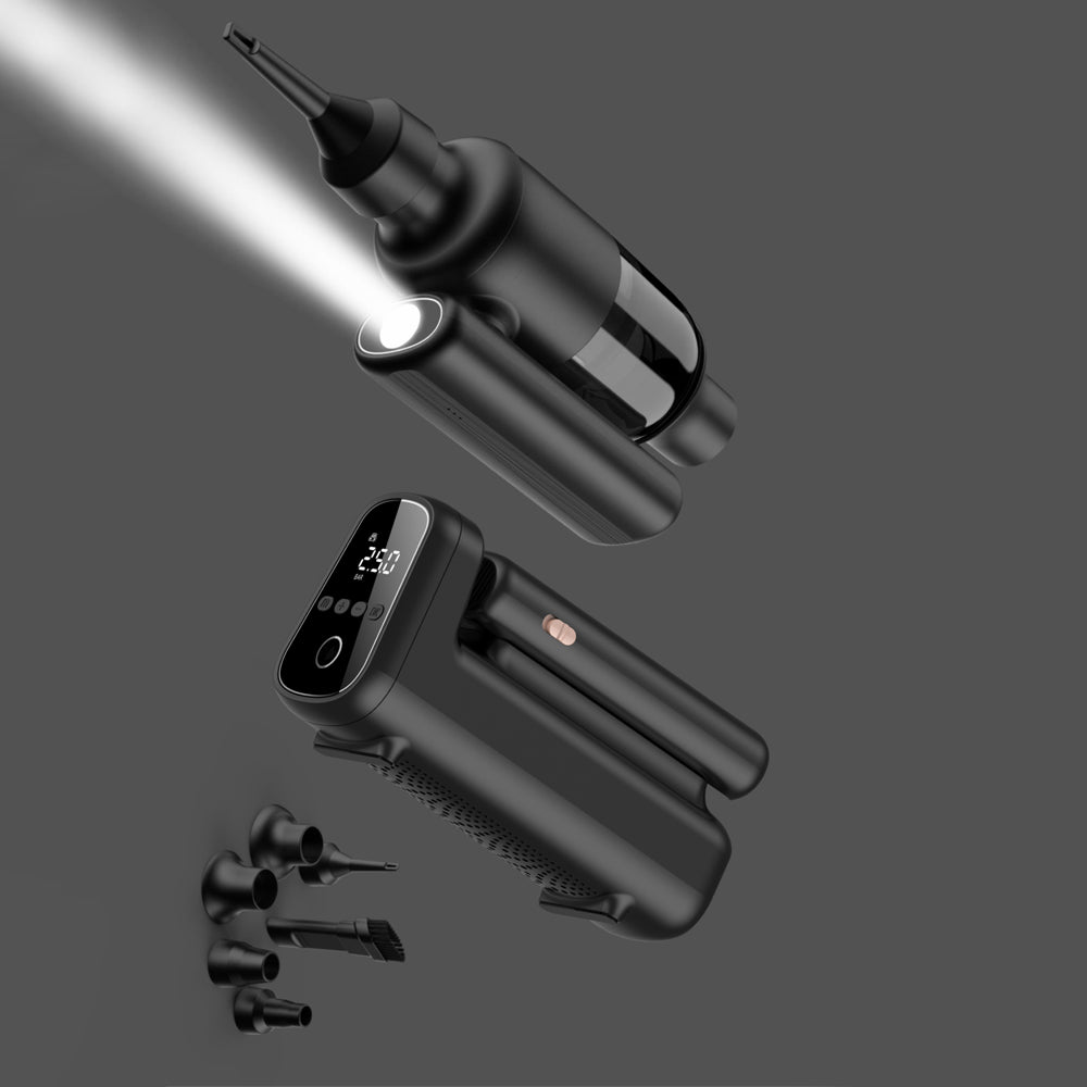 Wiwu Wi-Ai002 5in1 Oto Araç Lastik Şişirme Pompası - Oto Araç Süpürgesi - Vakum Makinesi - Fener Dijital Ekranlı Araç Hava Kompresörü Siyah