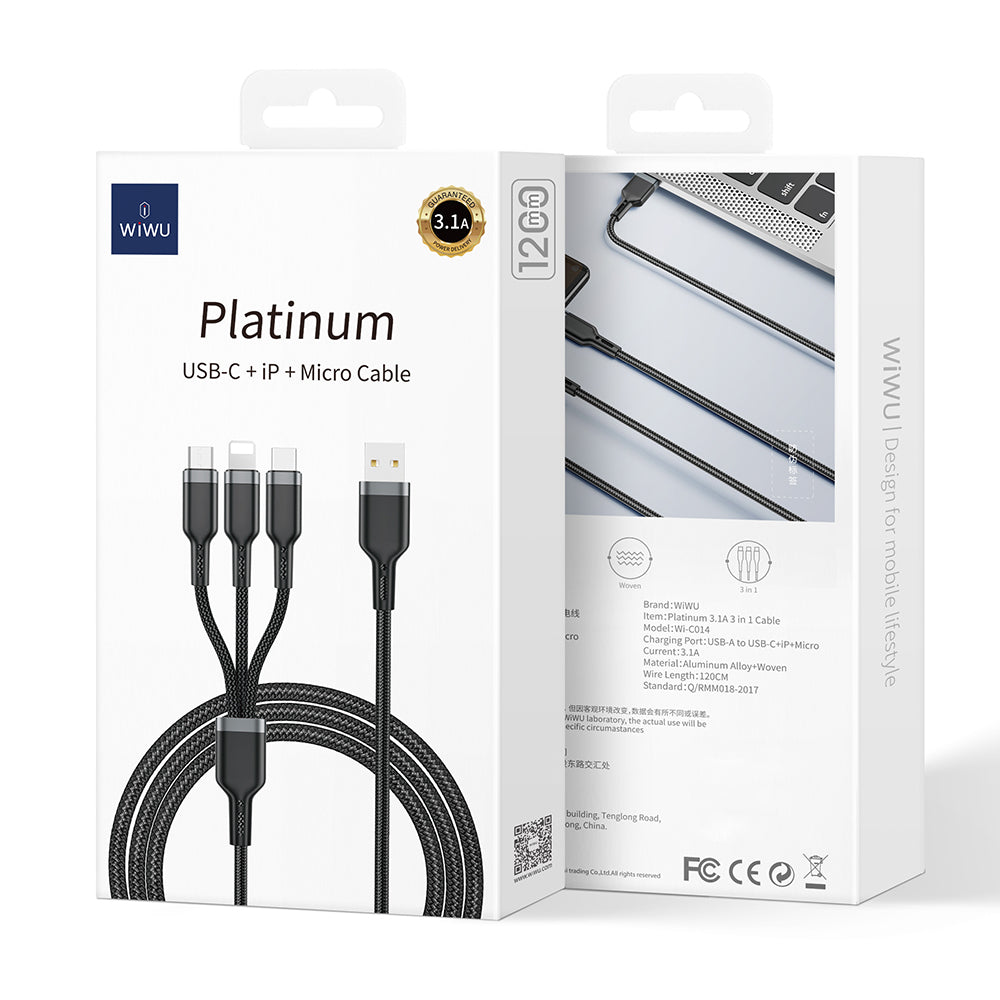 Wiwu Wi-C014 Platinum Serisi 3in1 USB-A to Lightning – Type-C – Micro Şarj ve Data Kablosu 3.1A 1.2m Siyah