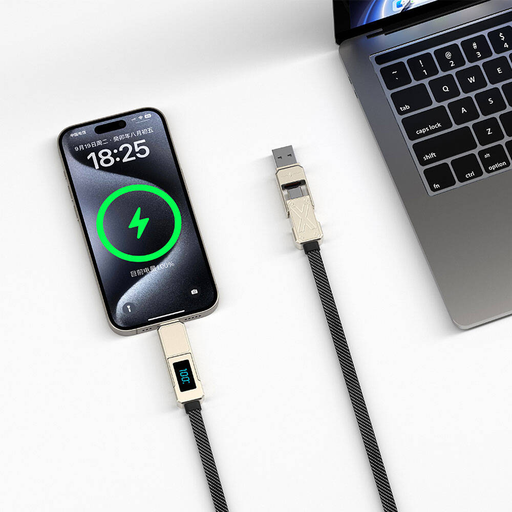 Wiwu Wi-C039 Titan Serisi 4in1 A+C to C+L LED Dijital Göstergeli Şarj ve Data Kablosu 1.5M Siyah