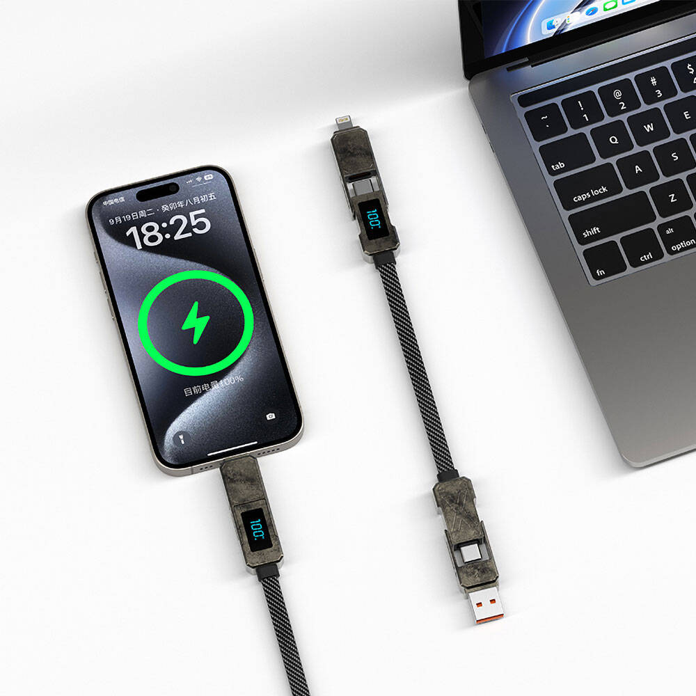 Wiwu Wi-C039 Titan Serisi 4in1 A+C to C+L LED Dijital Göstergeli Şarj ve Data Kablosu 15cm Siyah