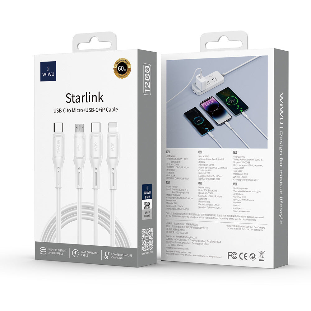 Wiwu Wi-C046E Starlink Serisi 3in1 USB-C to Lightning – Type-C – Micro Şarj ve Data Kablosu 60W 1.2M Beyaz