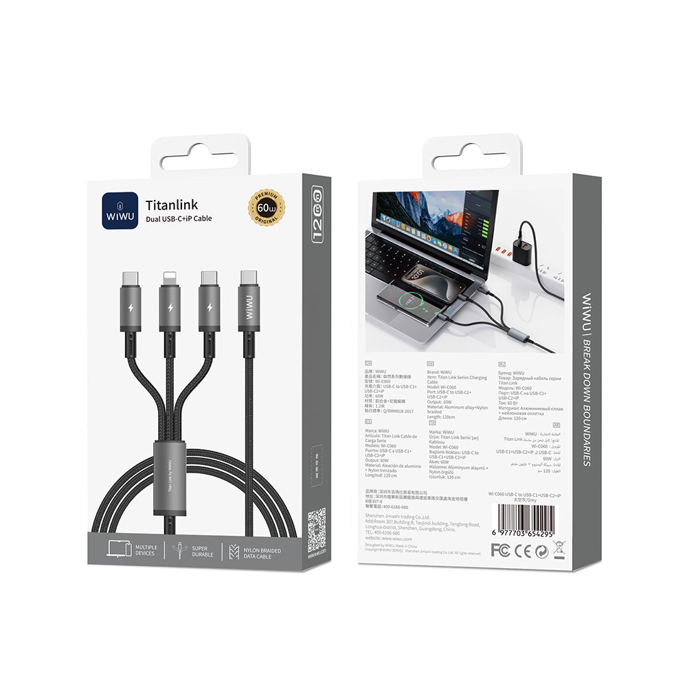 Wiwu Wi-C060 Titanlink Serisi 3in1 Type-C to Lightning – 2xType-C Örgülü Şarj ve Data PD Kablo 60W 1.2m Gri
