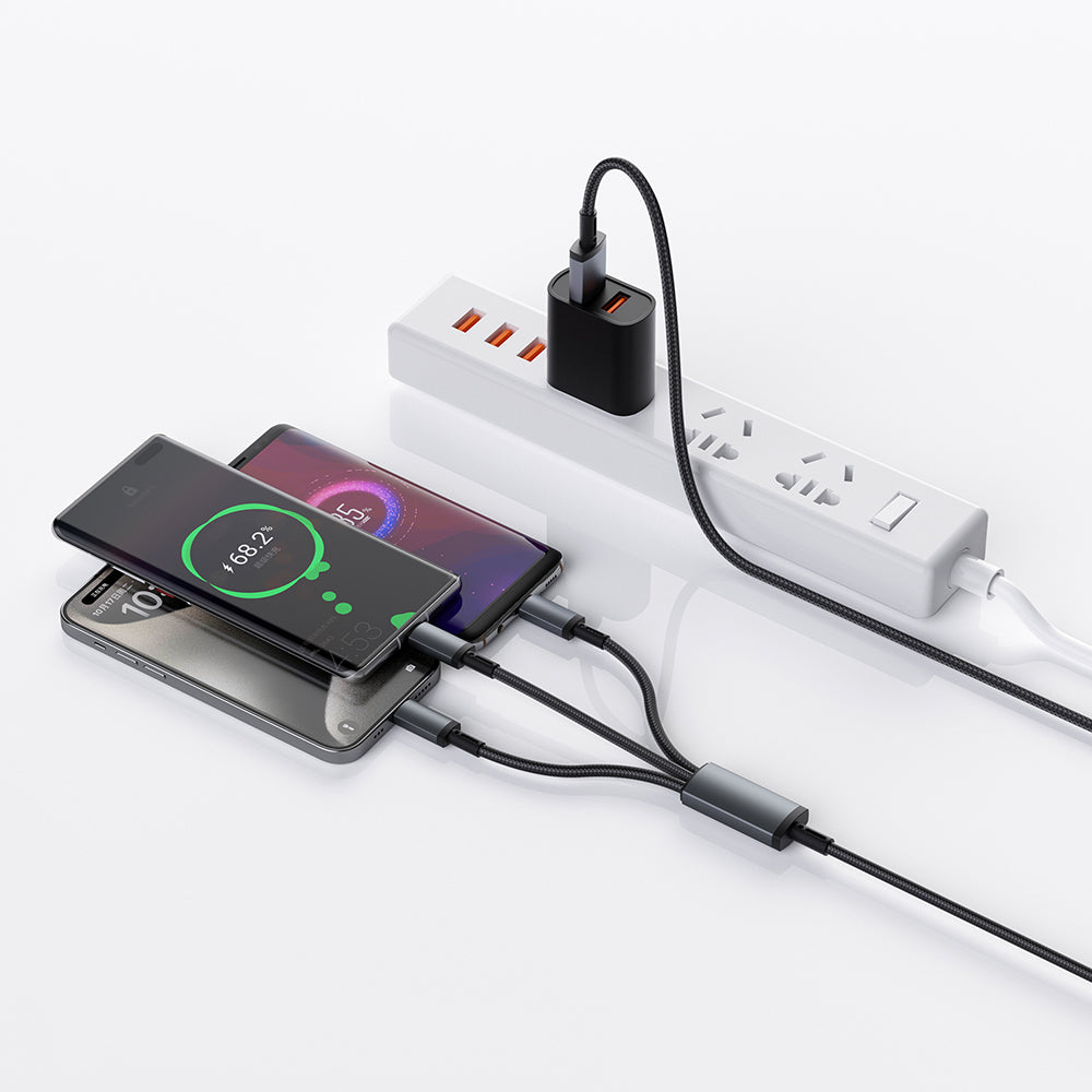 Wiwu Wi-C060 Titanlink Serisi 3in1 Type-C to Lightning – 2xType-C Örgülü Şarj ve Data PD Kablo 60W 1.2m Gri