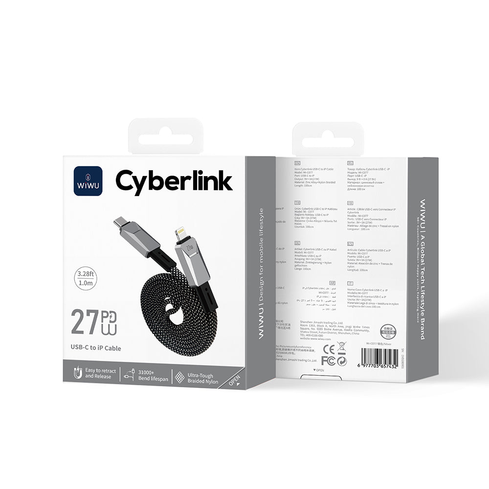 Wiwu Wi-C077 Cyberlink Serisi Type-C to Lightning Hızlı Şarj Özellikli Data ve Şarj Kablosu 27W 1M Gümüş