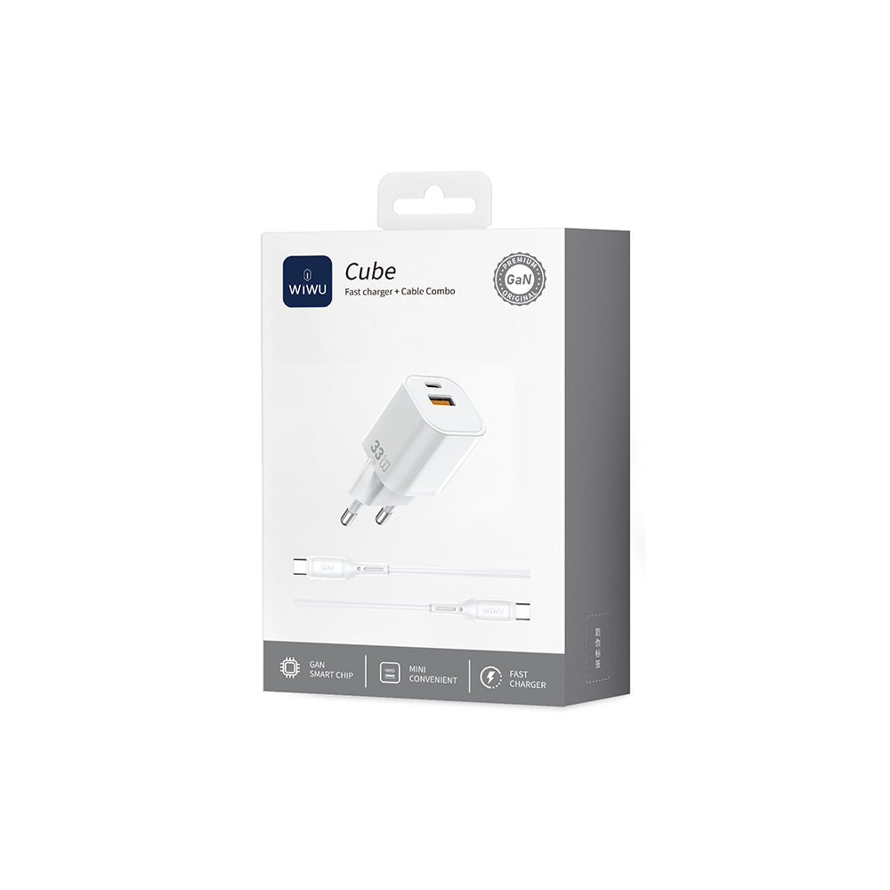 Wiwu Wi-G018 Cube Serisi Type-C to Type-C GaN Tech PD Hızlı Şarj Özellikli Kablolu Şarj Seti 33W Beyaz