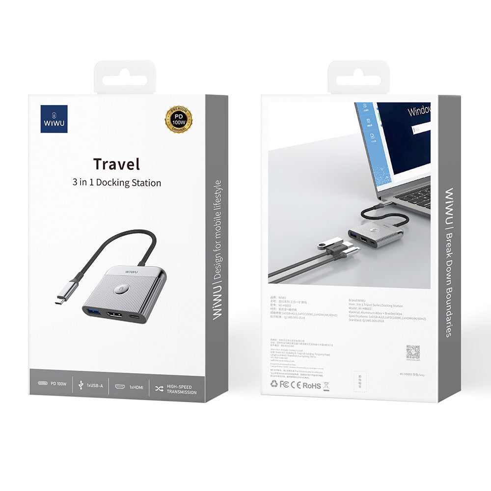 Wiwu Wi-HB8002 Travel Serisi 3in1 HDMI (4K@60Hz) Girişli 100W PD Type-C Hub Bağlantı İstasyonu Gri