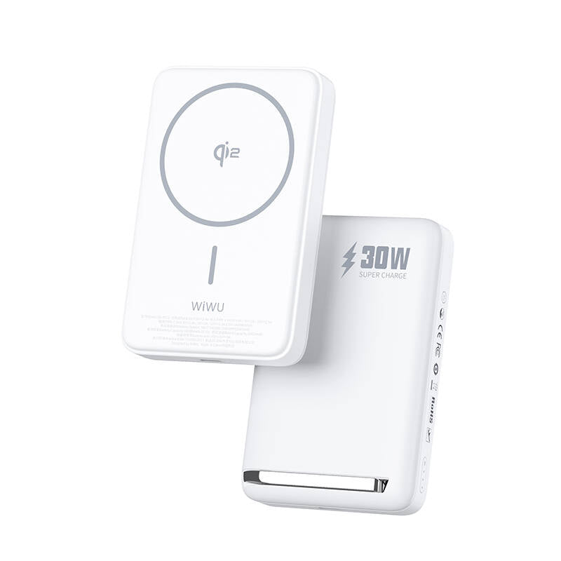 Wiwu Wi-P031 Qi2 Şarj Teknolojili LED Işık Göstergeli Standlı 30W Taşınabilir M-safe Wireless Powerbank 10.000mAh Beyaz