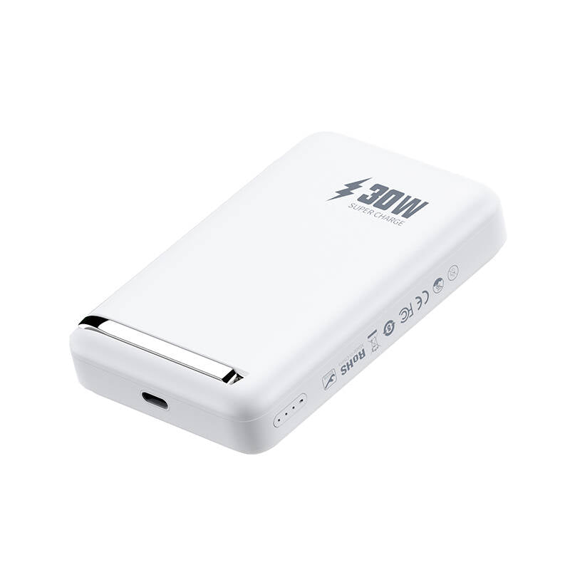 Wiwu Wi-P031 Qi2 Şarj Teknolojili LED Işık Göstergeli Standlı 30W Taşınabilir M-safe Wireless Powerbank 10.000mAh Beyaz
