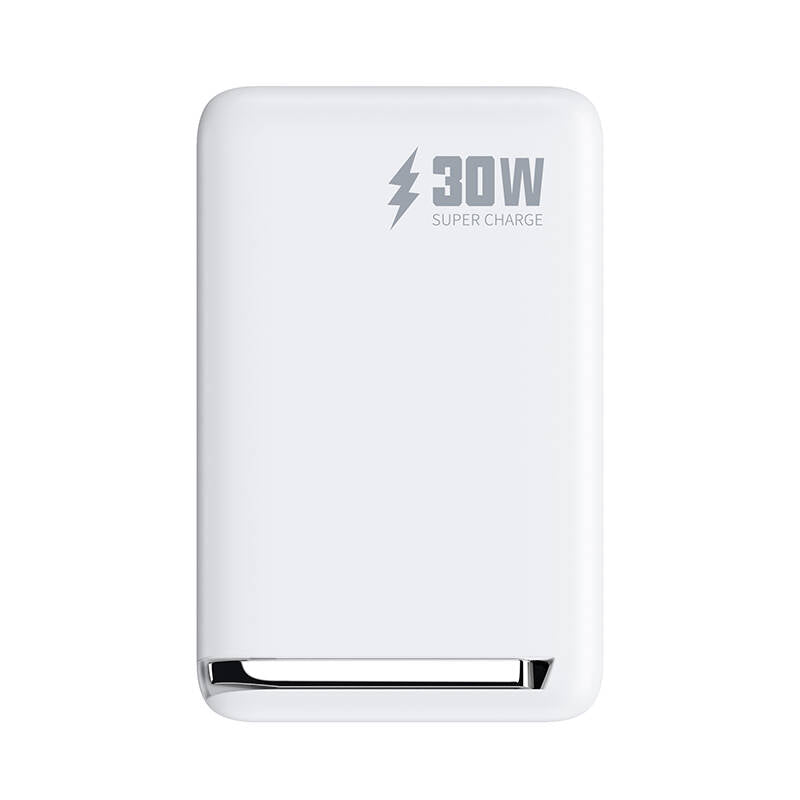 Wiwu Wi-P031 Qi2 Şarj Teknolojili LED Işık Göstergeli Standlı 30W Taşınabilir M-safe Wireless Powerbank 10.000mAh Beyaz