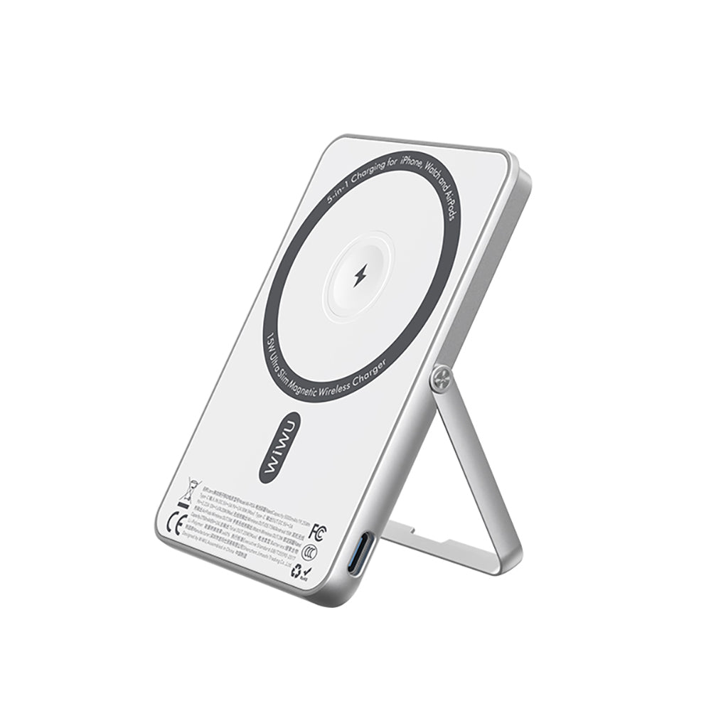 Wiwu Wi-P034 Dijital LED Göstergeli Standlı Kablosuz Powerbank 5000mAh 15W Gümüş