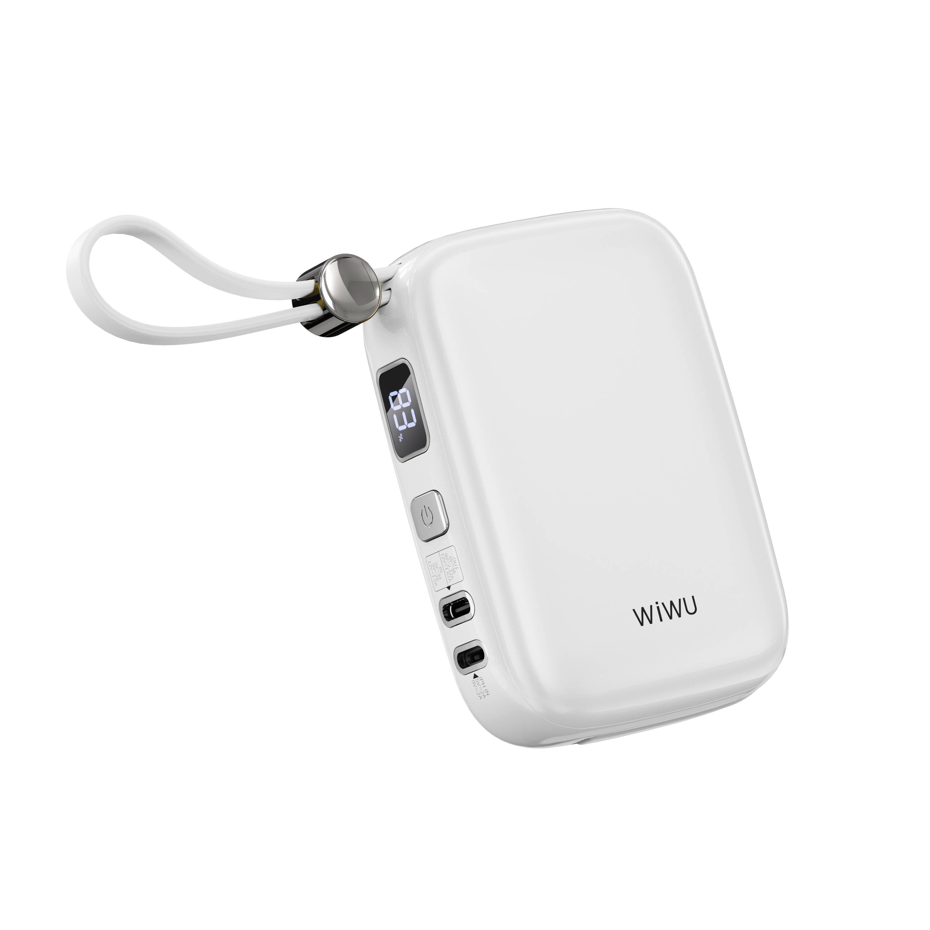 Wiwu Wi-P042 Monaco Serisi Lightning ve Type-C Kablolu Dijital LED Göstergeli Askılı Powerbank 10000mAh Beyaz