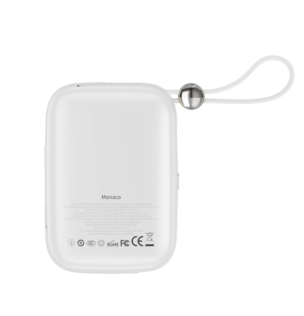 Wiwu Wi-P042 Monaco Serisi Lightning ve Type-C Kablolu Dijital LED Göstergeli Askılı Powerbank 10000mAh Beyaz