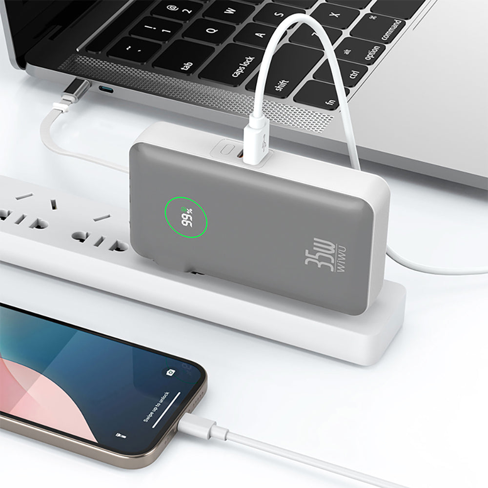 Wiwu Wi-P049 Noble Serisi Type-C Kablolu Dijital LED Göstergeli Powerbank PD 35W 10000mAh Gri