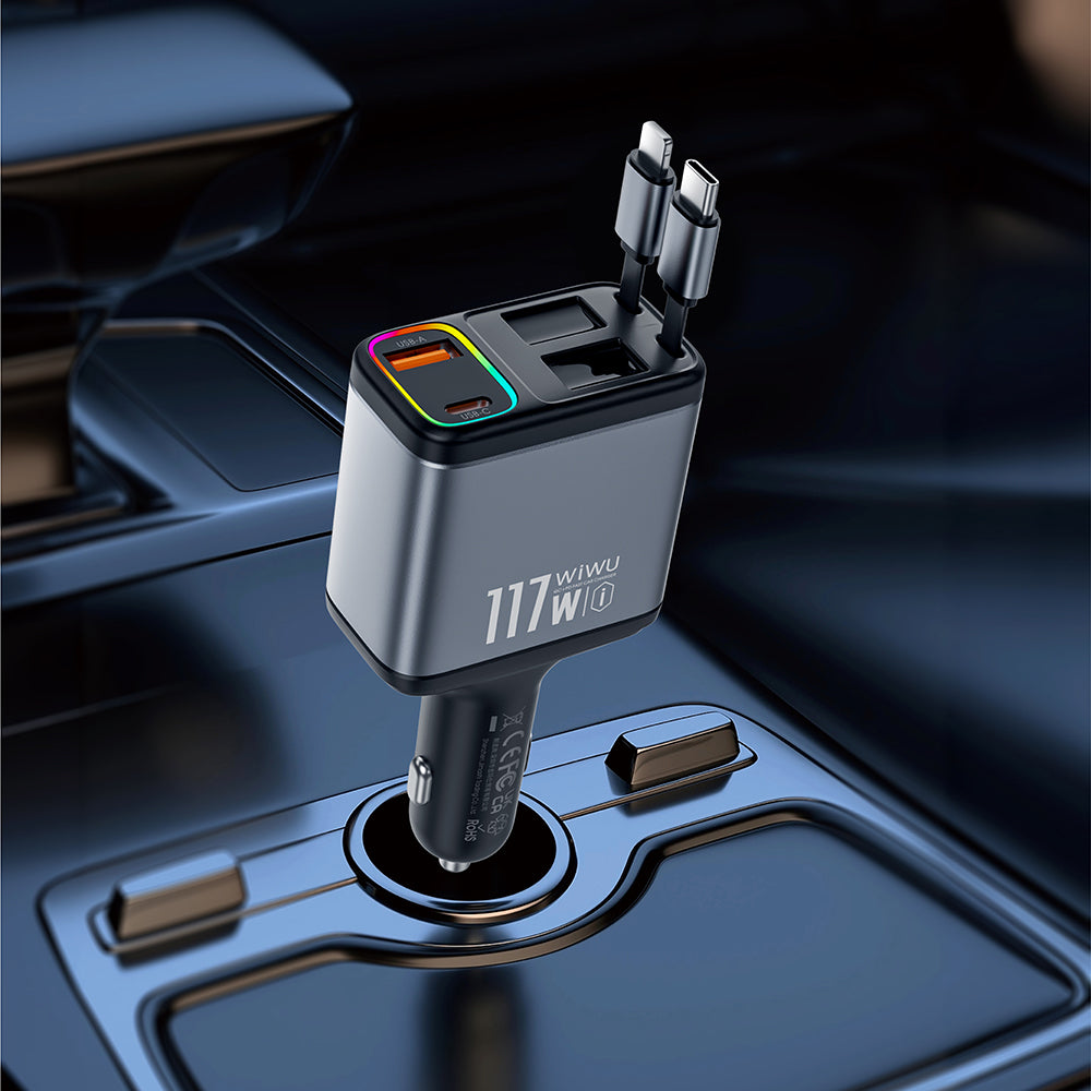Wiwu Wi-QC027 Exeed Serisi Type-C&Lightning Kablolu + USB-A Hızlı Şarj Özellikli Led Göstergeli Araç Şarj Aleti 117W Füme