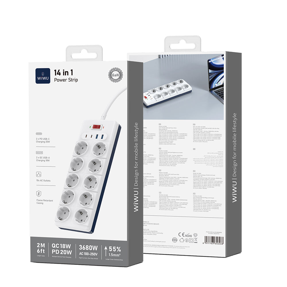 Wiwu Wi-S008 20W GaN Tech Power Strip 14 in 1 Çoklu Priz 2M Beyaz