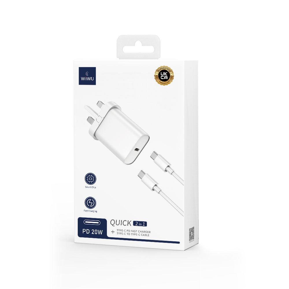 Wiwu Wi-U001 Quick 20W Tek Bağlantılı Şarj Başlığı Type-C to Type-C PD 20W Kablolu Şarj Seti Beyaz
