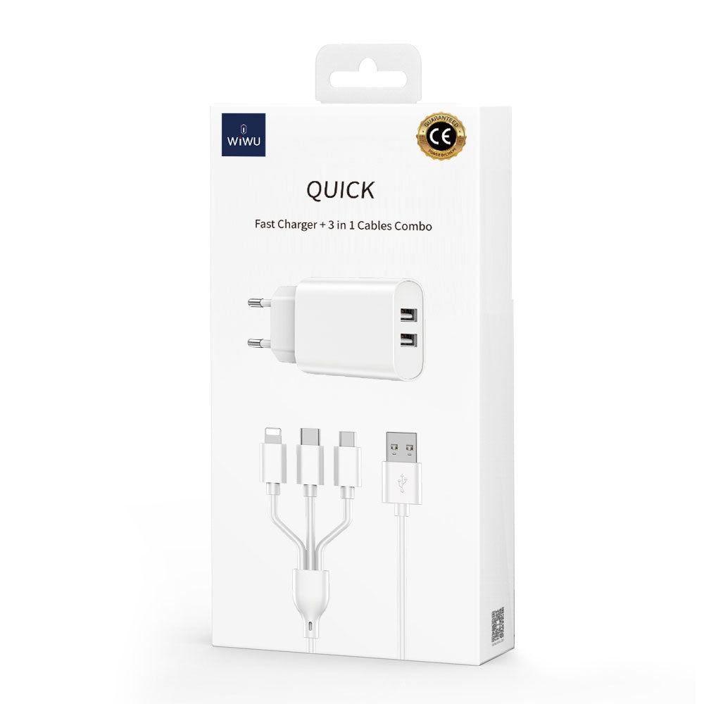 Wiwu Wi-U003 2.1A Çift USB Çıkışlı Hızlı Şarj Seti 3in1 Kablolu Type-C/Lightning/Micro Beyaz