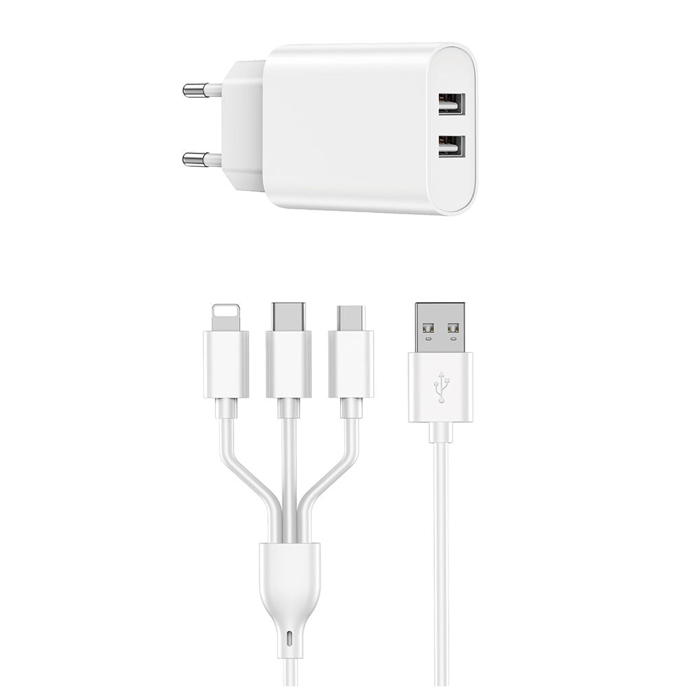 Wiwu Wi-U003 2.1A Çift USB Çıkışlı Hızlı Şarj Seti 3in1 Kablolu Type-C/Lightning/Micro Beyaz