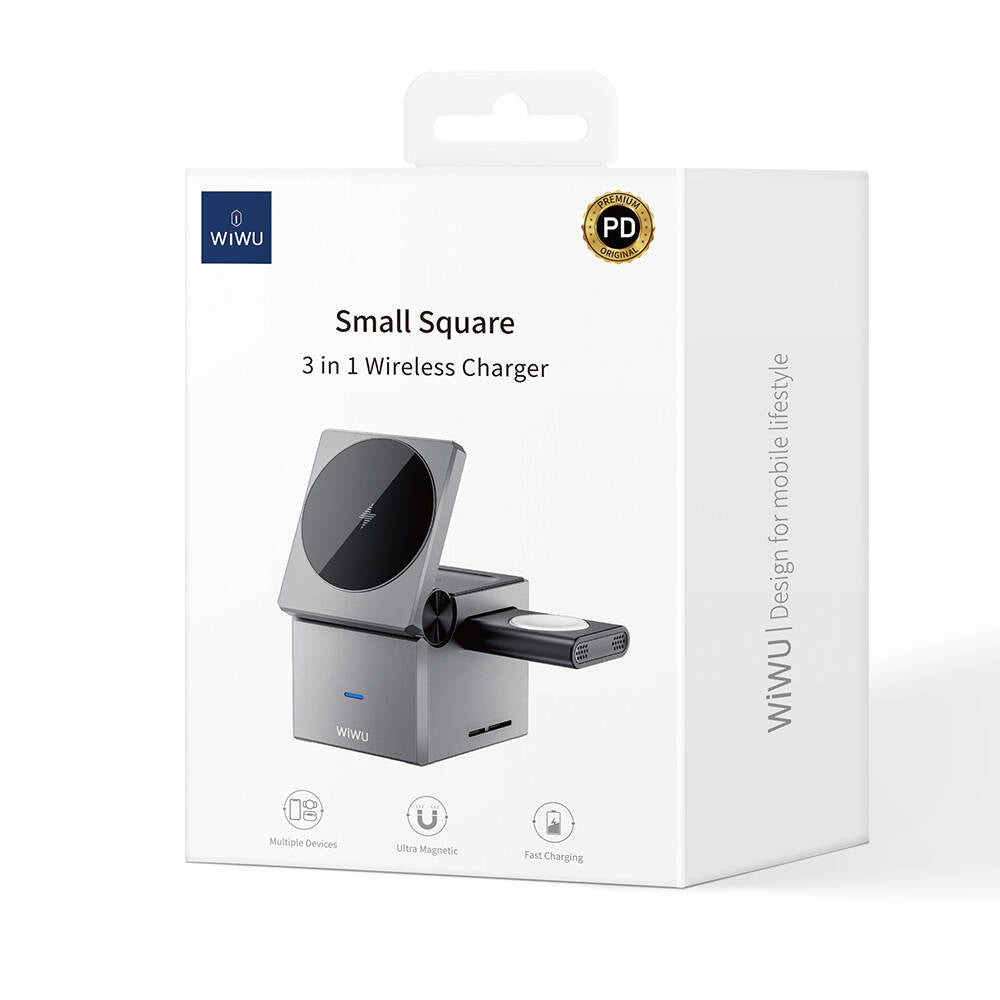 Wiwu Wi-W030 Small Square Küp Tasarımlı Telefon & Akıllı Saat & Kulaklık İçin 15W 3in1 Kablosuz Şarj Standı Gri