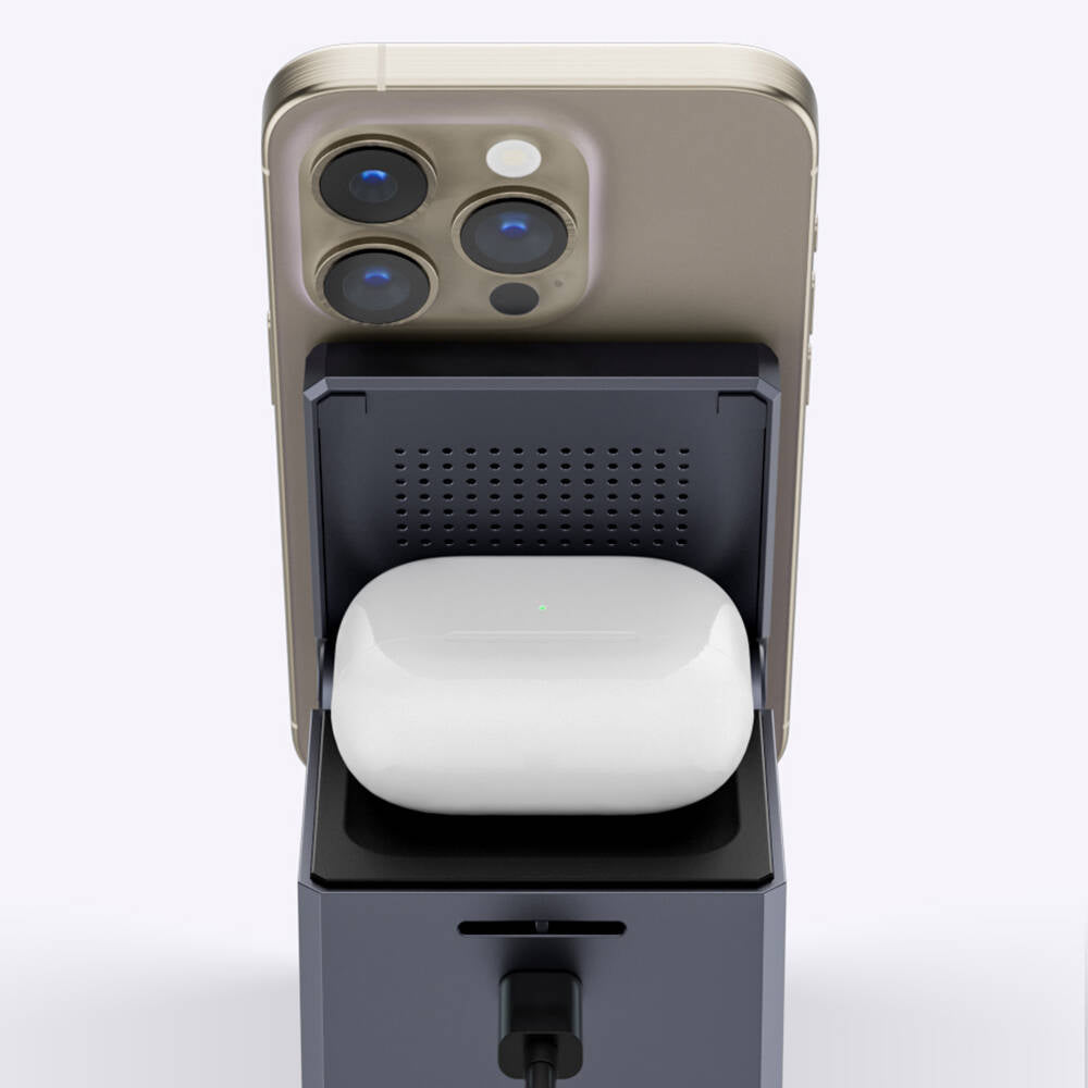 Wiwu Wi-W030 Small Square Küp Tasarımlı Telefon & Akıllı Saat & Kulaklık İçin 15W 3in1 Kablosuz Şarj Standı Gri