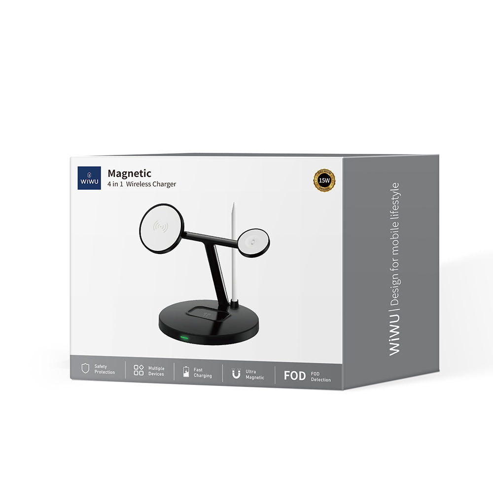 Wiwu Wi-W032 4 in 1 Magnetik Hızlı Şarj Özellikli Kablosuz Şarj Standı 15W Siyah
