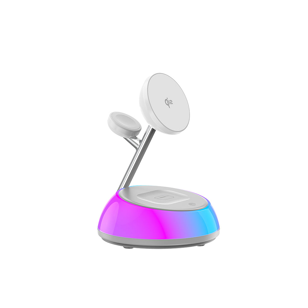 Wiwu Wi-W036 Qi2 3 in 1 Magnetik Hızlı Şarj Özellikli Ambiyans Işıklı Kablosuz Şarj Standı 15W Beyaz