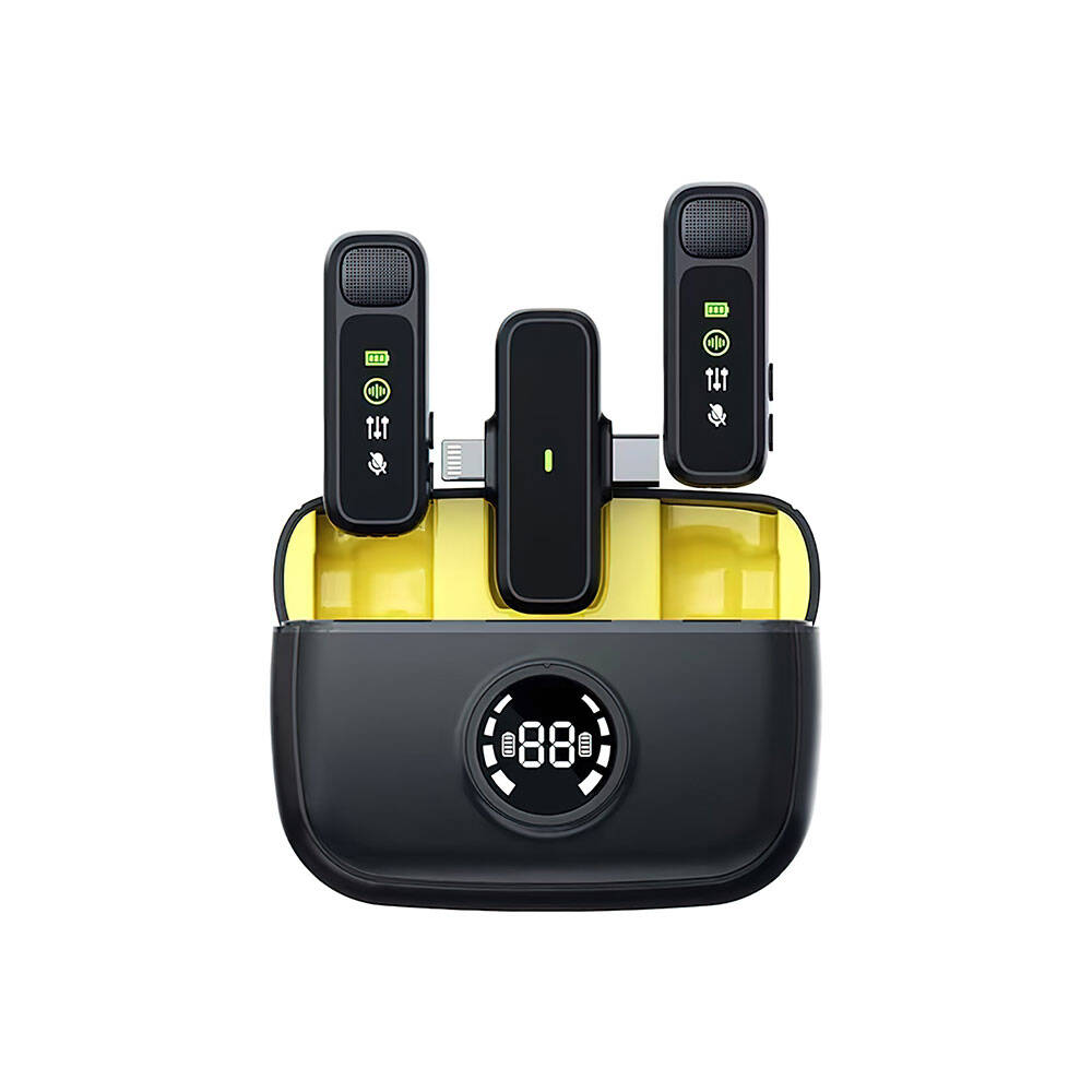 Wiwu Wi-WM003 Dijital LED Göstergeli Type-C & Lightning Portlu Çift Kablosuz Yaka Mikrofonu Siyah