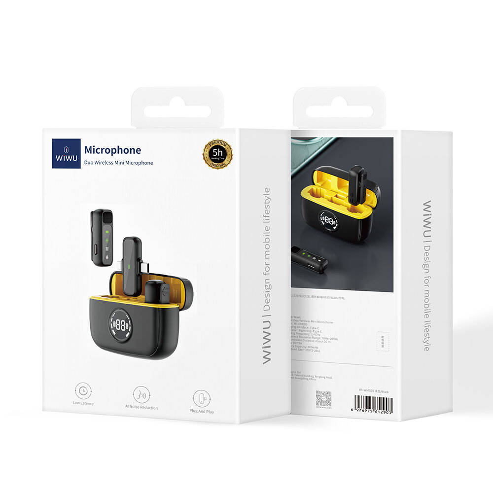 Wiwu Wi-WM003 Dijital LED Göstergeli Type-C & Lightning Portlu Çift Kablosuz Yaka Mikrofonu Siyah
