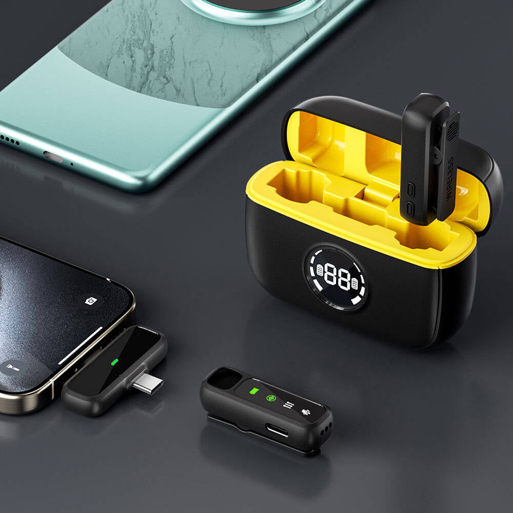 Wiwu Wi-WM003 Dijital LED Göstergeli Type-C & Lightning Portlu Çift Kablosuz Yaka Mikrofonu Siyah